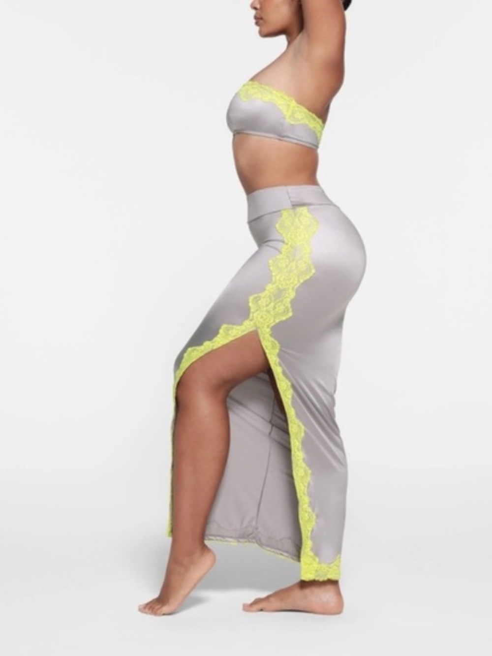 NWOT SKIMS Lace Swim Cami Maxi Skirt Gunmetal/Yellow Sz S
